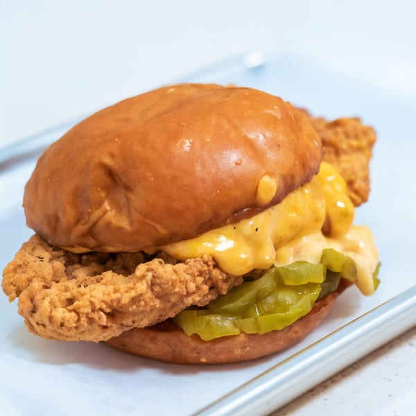 Ali's Chicken & Waffles sandwich with fried chicken, melted cheese, and pickles on a bun.