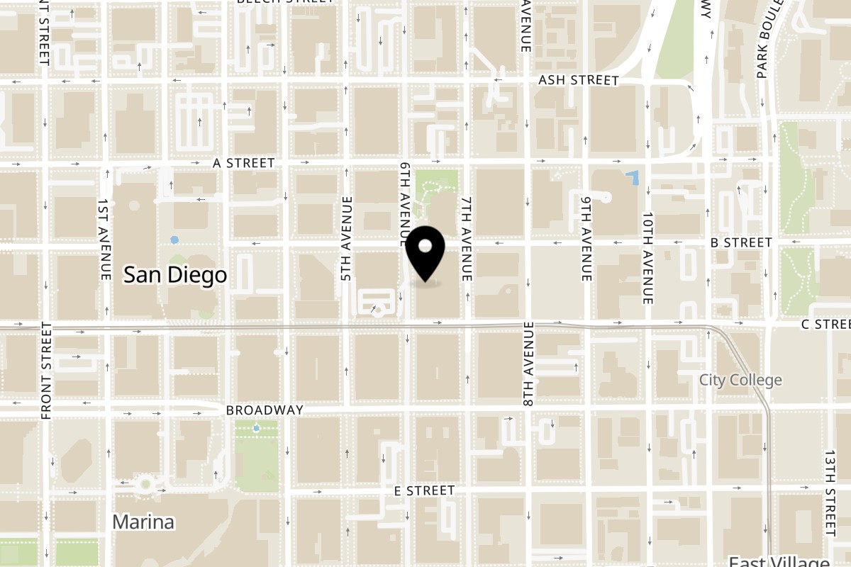 Map showing the location of Ali's Chicken & Waffles 1139 Sixth Ave on 1139 Sixth Ave in San Diego